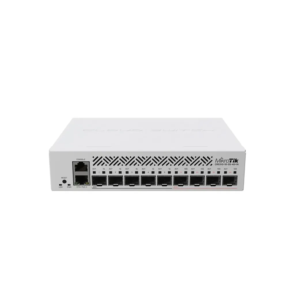 Mikrotik CRS310-1G-5S-4S+IN Cloud Router Switch CRS310-1G-5S-4S+IN with 800 MHz CPU, 256 MB RAM, 4xSFP+, 5xSFP cages, 1xGBit LAN port, RouterOS L5, desktop case, rackmount ears, PSU