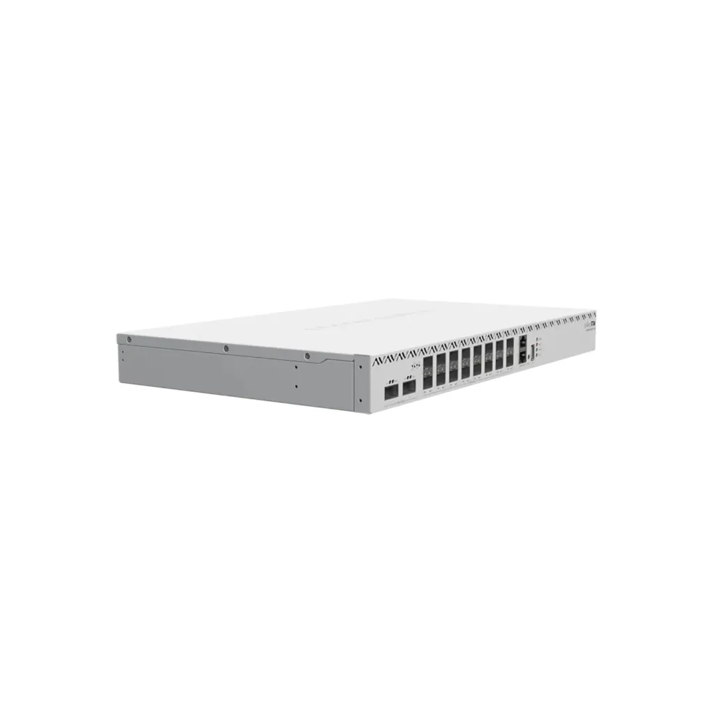 Mikrotik CRS518-16XS-2XQ-RM Cloud Router Switch 518-16XS-2XQ-RM with QCA9531 750 MHz CPU, 64 MB RAM, 98DX8525 switch chip, 2 x 100G QSFP28 ports, 16x 25G SFP28 ports, 1 x 100Mbit Eth port for management, USB type A, RouterOS L6, 1U rackmount enclosure, dual hot-swap PSU, 4 x hot-swap fans
