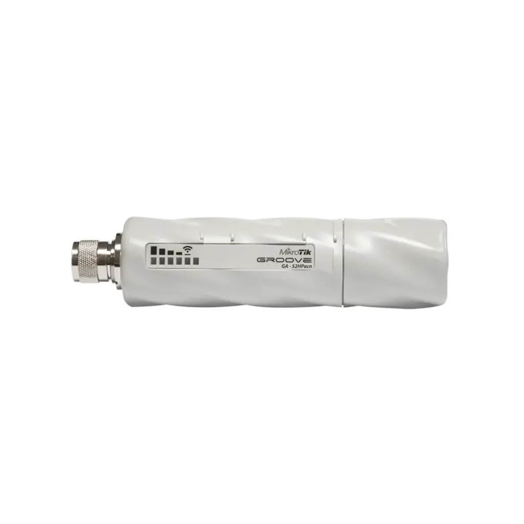 Mikrotik RBGrooveGA-52HPacn GrooveA 52 ac with Nmale connector, 720MHz CPU, 64MB RAM, 1 x Gigabit LAN, 1 x built-in high power 2.4/5GHz 802.11a/b/g/n/ac wireless, RouterOS L4, plastic case, mounting loops, PoE, PSU, Omni antenna