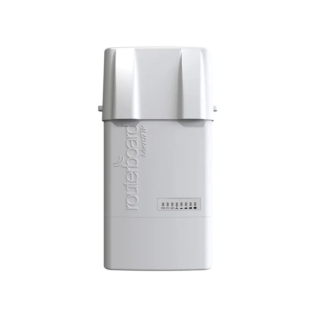 Mikrotik RB912UAG-5HPnD-OUT BaseBox 5 with 600Mhz Atheros CPU, 64MB RAM, 1xGigabit LAN, USB, miniPCIe, built-in 5Ghz 802.11a/n 2x2 two chain wireless with two RP-SMA connectors, RouterOS L4, outdoor enclosure, POE, PSU, pole mount, rail mount