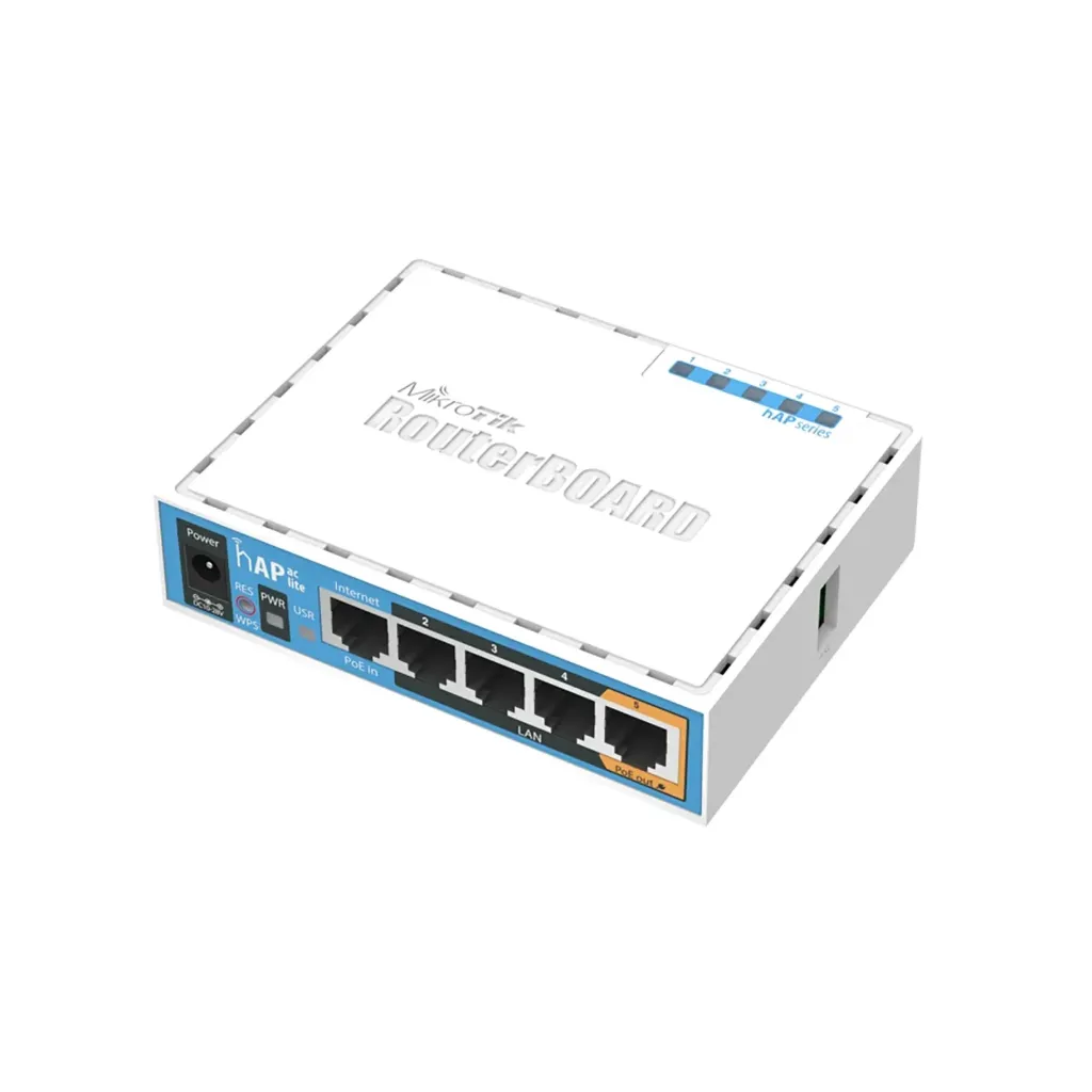 [RB952Ui-5ac2nD] Mikrotik RB952Ui-5ac2nD hAP ac lite with 650MHz CPU, 64MB RAM, 5xLAN, built-in 2.4Ghz 802.11b/g/n two chain wireless with integrated antennas, built-in 5Ghz 802.11ac single chain wireless with integrated antenna, USB, desktop case, PSU, RouterOS L4