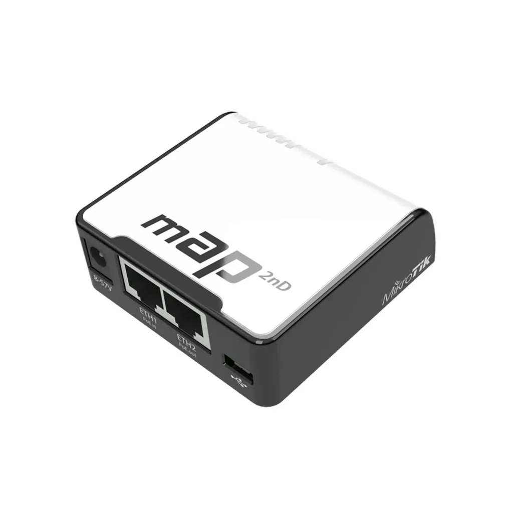 Mikrotik RBmAP2nD mAP with AR9531 650MHz CPU, 64MB RAM, 2xLAN, built-in 2.4Ghz 802.11bgn Dual Chain wireless with integrated antennas, microUSB, RouterOS L4, plastic case, PSU , POE-out