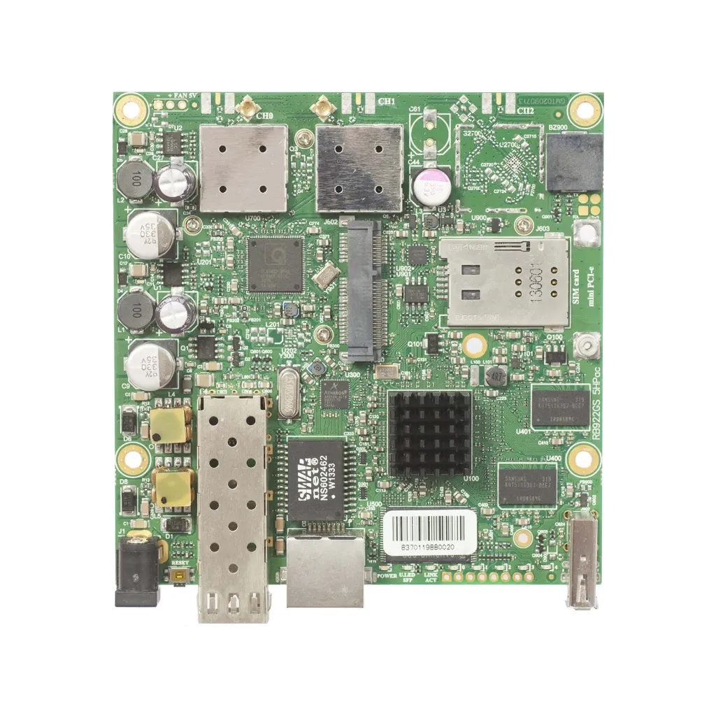 [RB922UAGS-5HPacD] Mikrotik RB922UAGS-5HPacD RouterBOARD 922UAGS with 720MHz Atheros CPU, 128MB RAM, 1xGigabit LAN, USB, 1xSFP, miniPCIe, SIM slot, built-in 5Ghz 802.11a/c 2x2 two chain wireless, 2xMMCX connectors, RouterOS L4