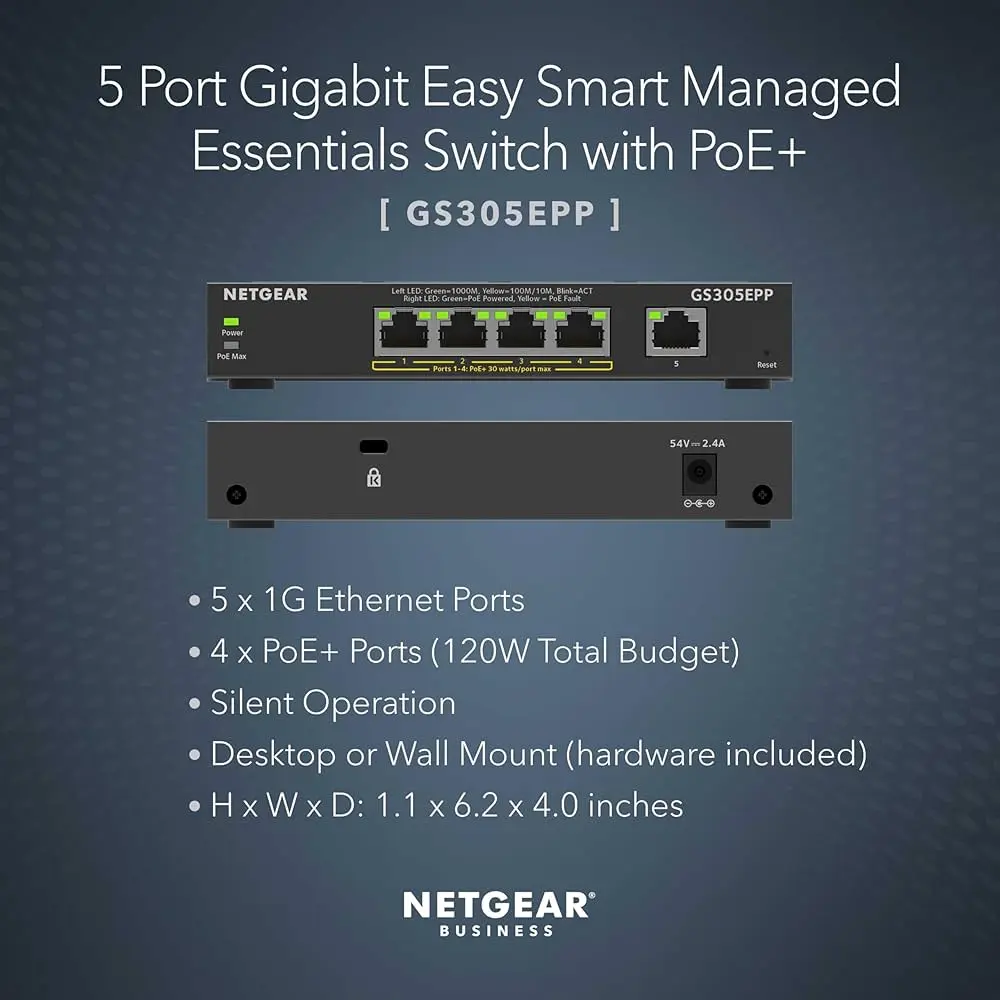 Netgear GS305EPP-100EUS   5PT GE PoE+ (120W) Easy Smart Managed Plus Switch