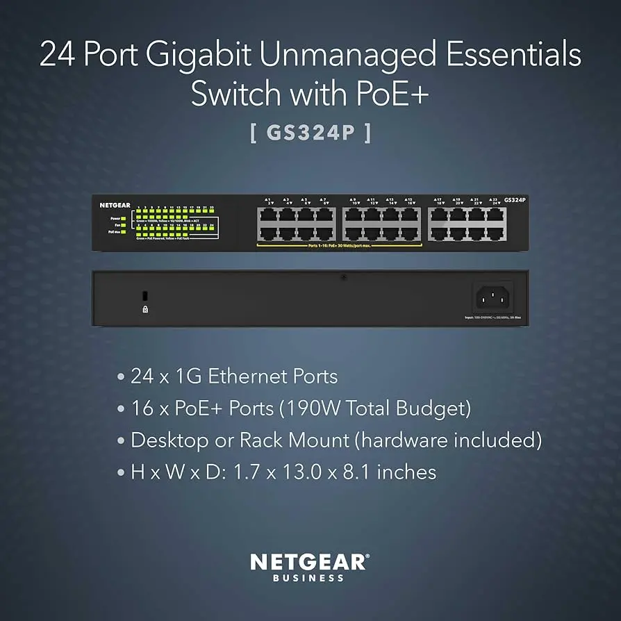 Netgear GS324P-100EUS   24PT GE (16PT POE/POE+ , total 190W) Unmg. Switch RM