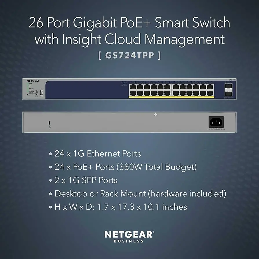 Netgear GS724TPP-300EUS   24PT GE PoE+, 2 x Combo SFP Ports (380W) Smart Cloud Management Switch